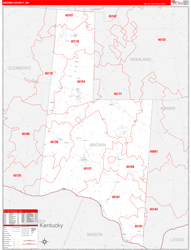 Brown County, OH Wall Map Zip Code Red Line Style 2024