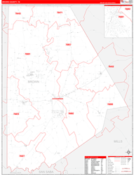 Brown County, TX Wall Map Zip Code Red Line Style 2024