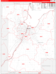 Brown County, WI Wall Map Zip Code Red Line Style 2024