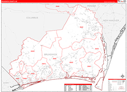 Brunswick County, NC Wall Map Zip Code Red Line Style 2026
