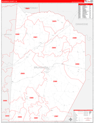 Brunswick County, VA Wall Map Zip Code Red Line Style 2024