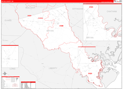 Bryan County, GA Wall Map Zip Code Red Line Style 2024