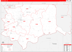 Bryan County, OK Wall Map Zip Code Red Line Style 2024