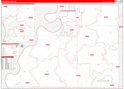 Buchanan County, MO Wall Map Zip Code Red Line Style 2024