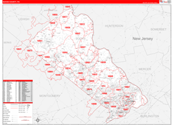 Bucks County, PA Wall Map Zip Code Red Line Style 2024