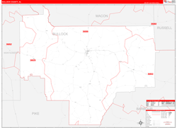 Bullock County, AL Wall Map Zip Code Red Line Style 2024