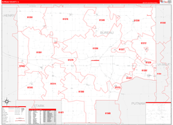 Bureau County, IL Wall Map Zip Code Red Line Style 2024
