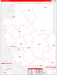 Burleigh County, ND Wall Map Zip Code Red Line Style 2023