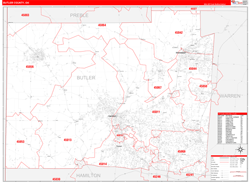Butler County, OH Wall Map Zip Code Red Line Style 2024