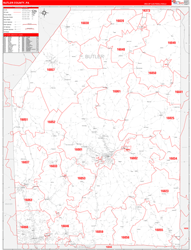 Butler County, PA Wall Map Zip Code Red Line Style 2024
