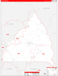 Butts County, GA Wall Map Zip Code Red Line Style 2024