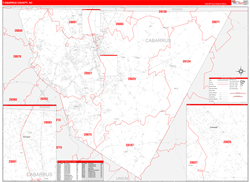 Cabarrus County, NC Wall Map Zip Code Red Line Style 2024