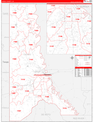 CaddoParish (County), LA Wall Map Zip Code Red Line Style 2023
