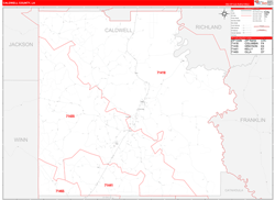 CaldwellParish (County), LA Wall Map Zip Code Red Line Style 2023
