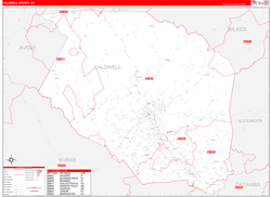 Caldwell County, NC Wall Map Zip Code Red Line Style 2024