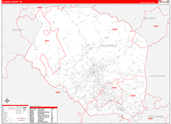 Caldwell County, NC Wall Map Zip Code Red Line Style 2026