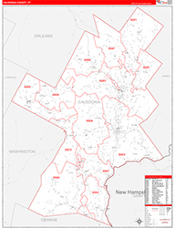 Caledonia County, VT Wall Map Zip Code Red Line Style 2026