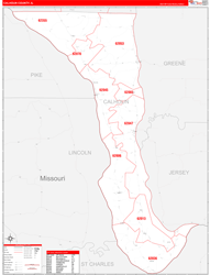 Calhoun County, IL Wall Map Zip Code Red Line Style 2024