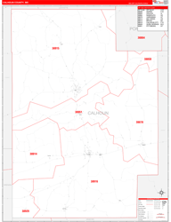 Calhoun County, MS Wall Map Zip Code Red Line Style 2024