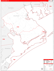 Calhoun County, TX Wall Map Zip Code Red Line Style 2024