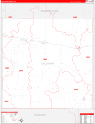 Callahan County, TX Wall Map Zip Code Red Line Style 2024