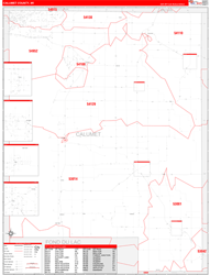 Calumet County, WI Wall Map Zip Code Red Line Style 2024