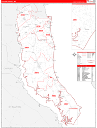 Calvert County, MD Wall Map Zip Code Red Line Style 2024