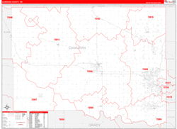 Canadian County, OK Wall Map Zip Code Red Line Style 2024