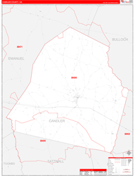 Candler County, GA Wall Map Zip Code Red Line Style 2024