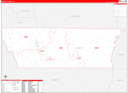Carbon County, UT Wall Map Zip Code Red Line Style 2023