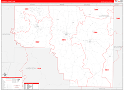 Carroll County, AR Wall Map Zip Code Red Line Style 2024