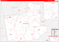 Carroll County, GA Wall Map Zip Code Red Line Style 2024