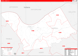 Carroll County, KY Wall Map Zip Code Red Line Style 2024