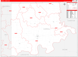 Carroll County, MO Wall Map Zip Code Red Line Style 2024