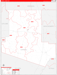 Carroll County, MS Wall Map Zip Code Red Line Style 2024