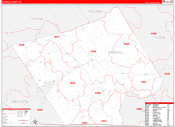 Carroll County, VA Wall Map Zip Code Red Line Style 2024