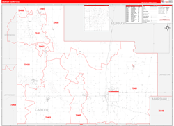 Carter County, OK Wall Map Zip Code Red Line Style 2024