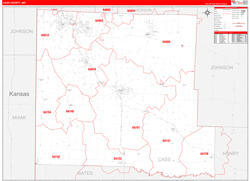Cass County, MO Wall Map Zip Code Red Line Style 2024
