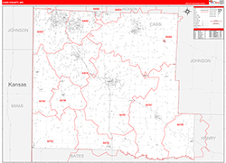 Cass County, MO Wall Map Zip Code Red Line Style 2026