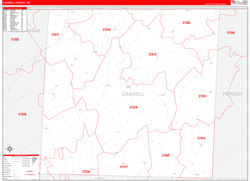 Caswell County, NC Wall Map Zip Code Red Line Style 2024