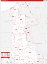 Cayuga County, NY Wall Map Zip Code Red Line Style 2024