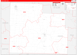 Cedar County, MO Wall Map Zip Code Red Line Style 2024