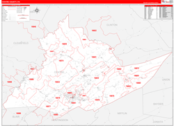 Centre County, PA Wall Map Zip Code Red Line Style 2024