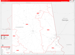 Chambers County, AL Wall Map Zip Code Red Line Style 2024