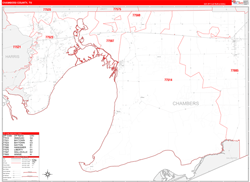 Chambers County, TX Wall Map Zip Code Red Line Style 2024