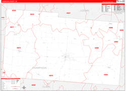 Champaign County, OH Wall Map Zip Code Red Line Style 2024