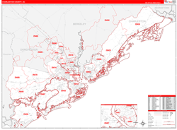Charleston County, SC Wall Map Zip Code Red Line Style 2024
