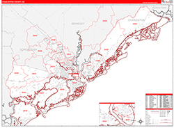 Charleston County, SC Wall Map Zip Code Red Line Style 2026