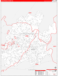 CharlottesvilleCounty, VA Wall Map Zip Code Red Line Style 2026