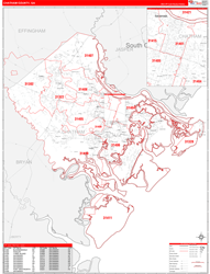 Chatham County, GA Wall Map Zip Code Red Line Style 2024